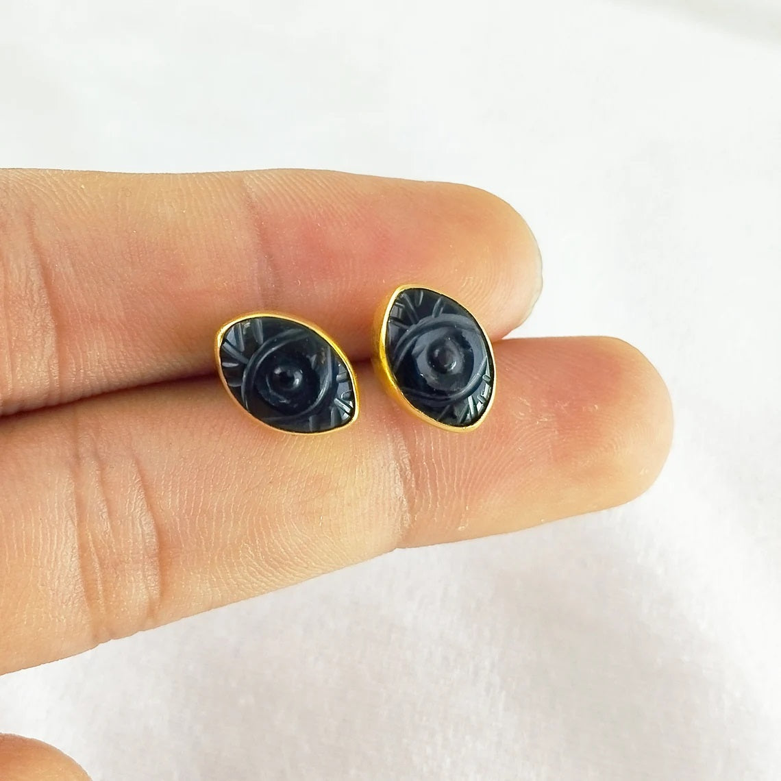 Handmade Black Tourmaline Evil Eye Stud Earrings Marquise Shape Gold Vermeil Healing Jewelry Gift- Selling Per Pair