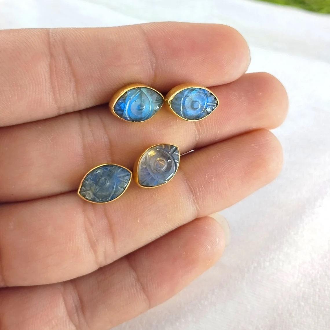 Hand Carved Evil Eye Pink Chalcedony Stud Earrings Marquise Gemstone Gold Vermeil Boho Jewelry- Selling Per Pair