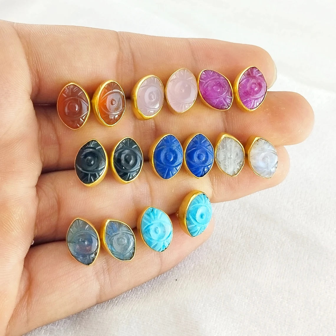 Boho Rainbow Moonstone Evil Eye Stud Earrings Hand Carved Marquise Gemstone Gold Vermeil Jewelry- Selling Per Pair