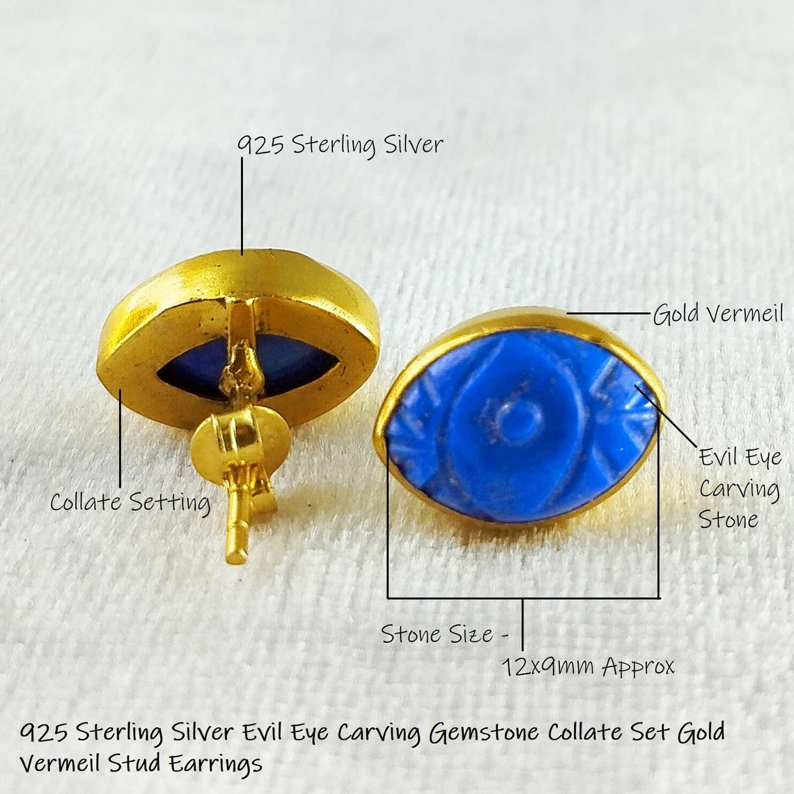 Hand Carved Evil Eye Pink Chalcedony Stud Earrings Marquise Gemstone Gold Vermeil Boho Jewelry- Selling Per Pair