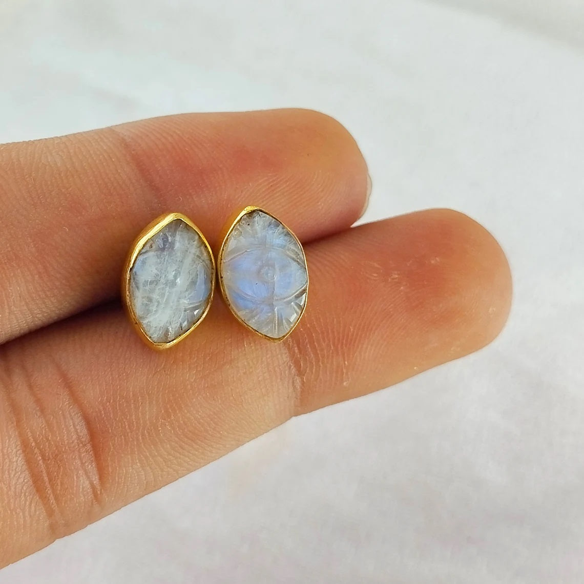 Hand Carved Evil Eye Pink Chalcedony Stud Earrings Marquise Gemstone Gold Vermeil Boho Jewelry- Selling Per Pair