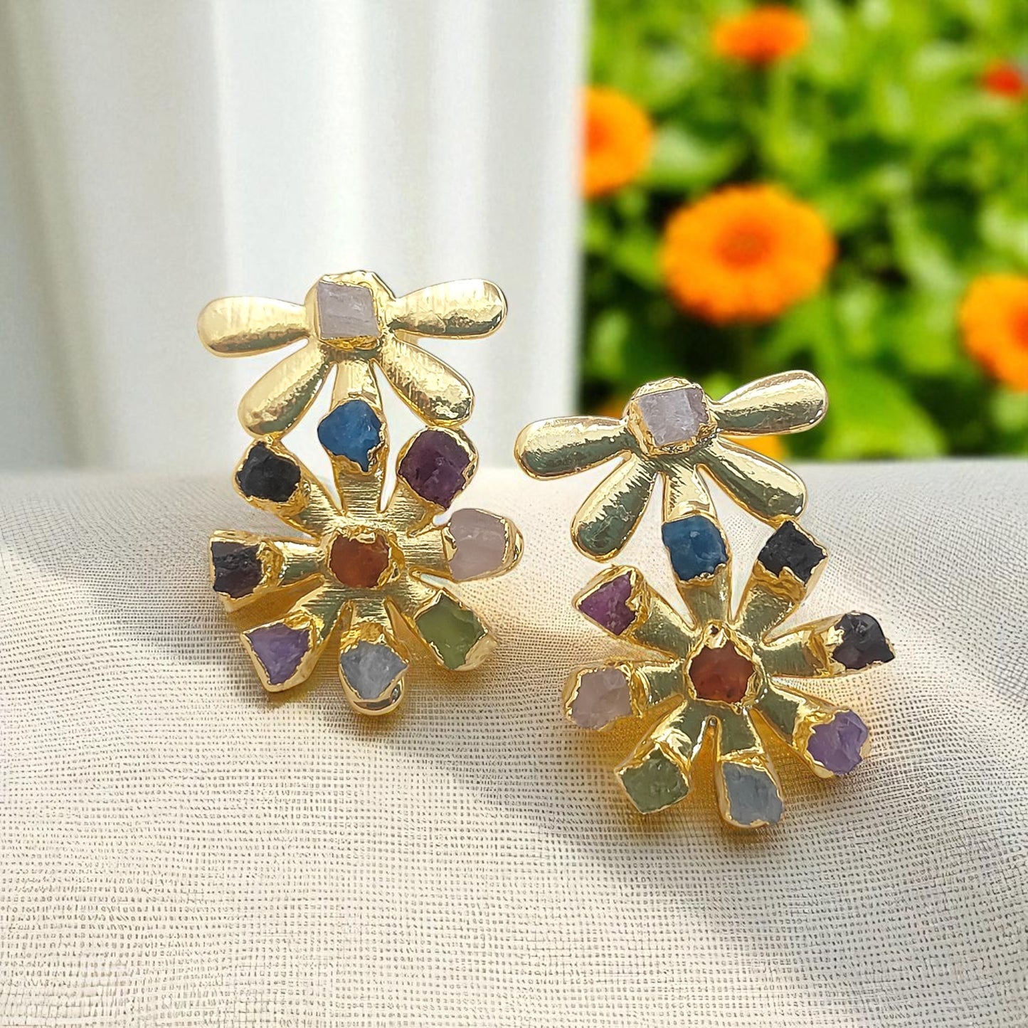 Handmade Raw Gemstone Stud Earrings Multi-Color Wildflower Style Studs Unique Boho Jewelry- Selling Per Pair