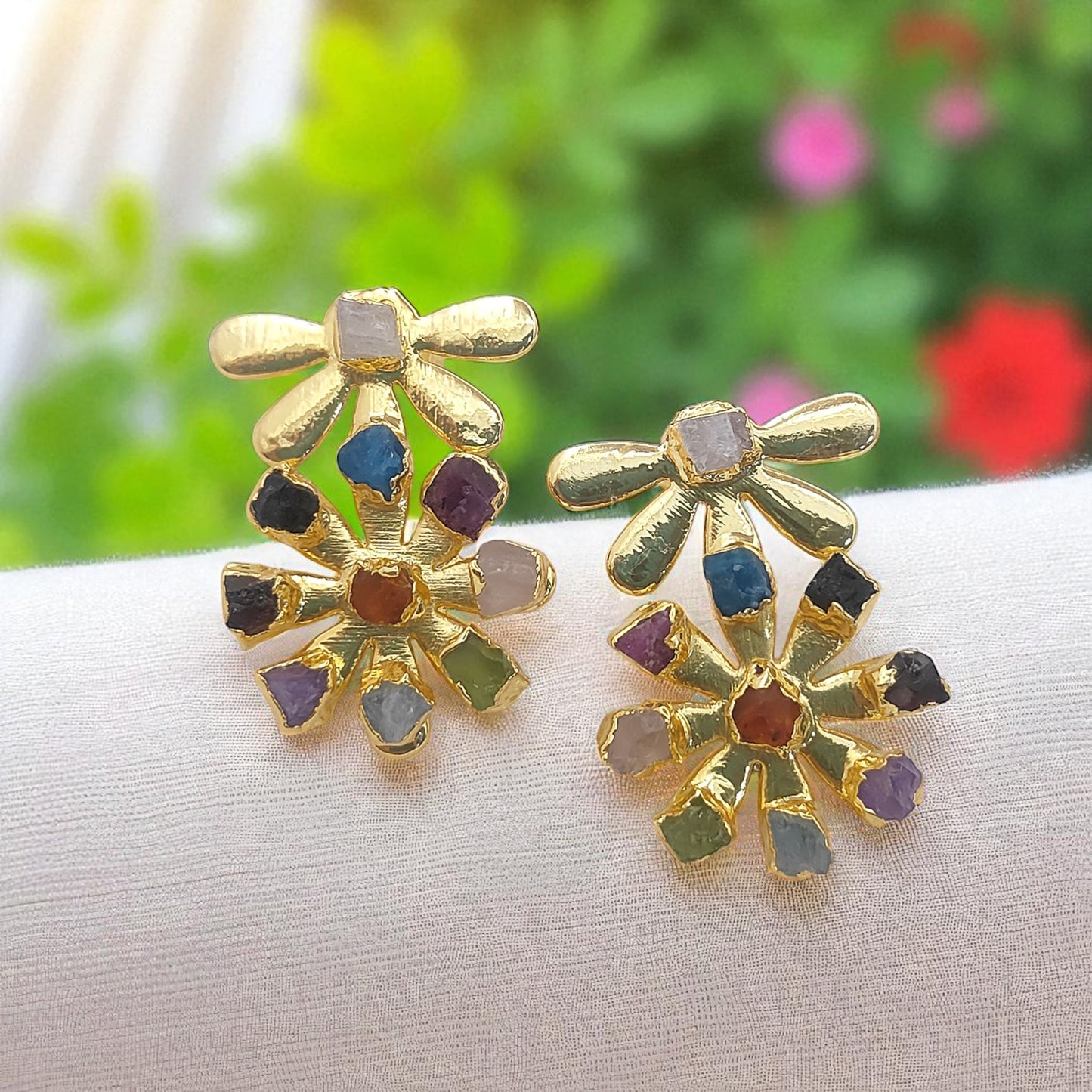 Handmade Raw Gemstone Stud Earrings Multi-Color Wildflower Style Studs Unique Boho Jewelry- Selling Per Pair