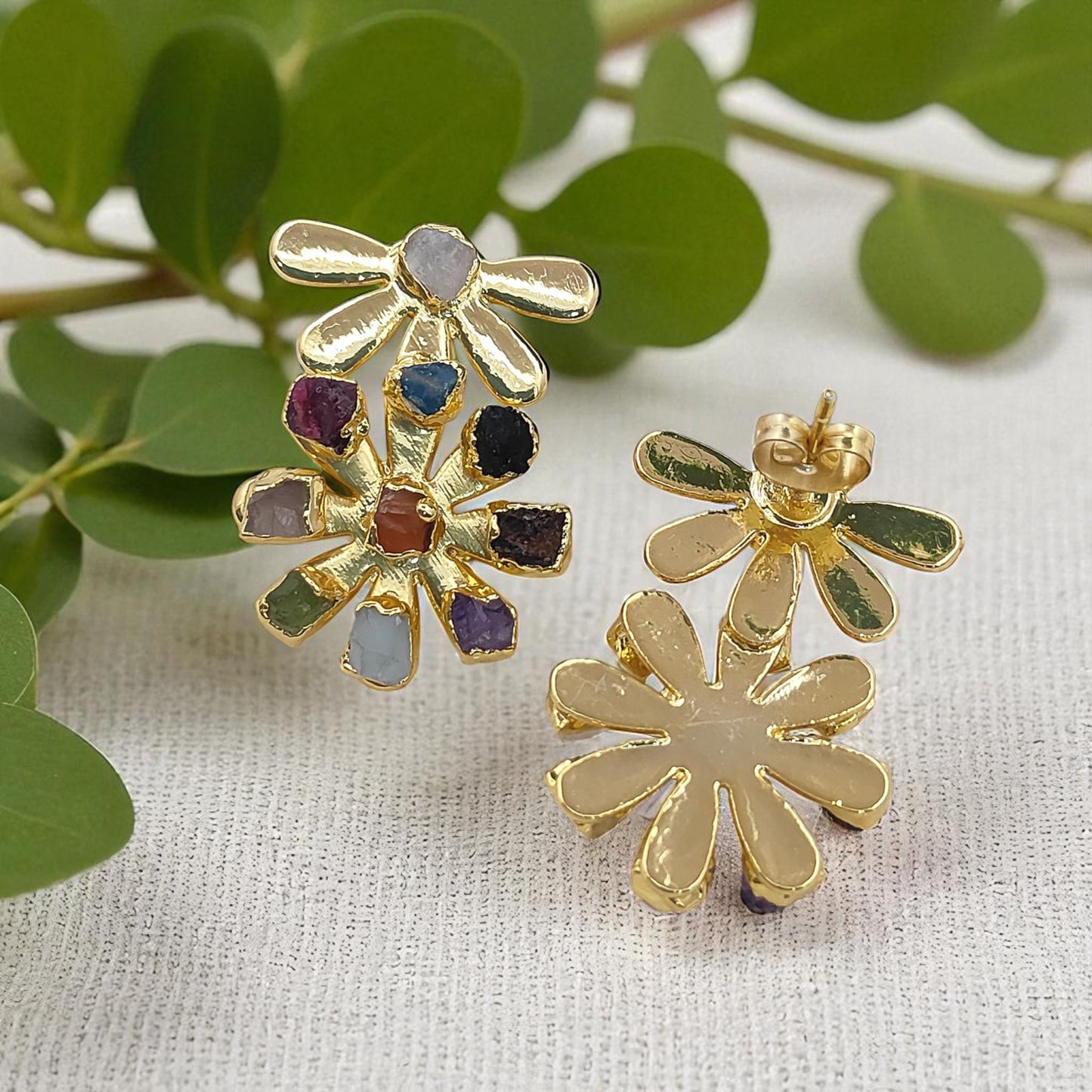 Handmade Raw Gemstone Stud Earrings Multi-Color Wildflower Style Studs Unique Boho Jewelry- Selling Per Pair