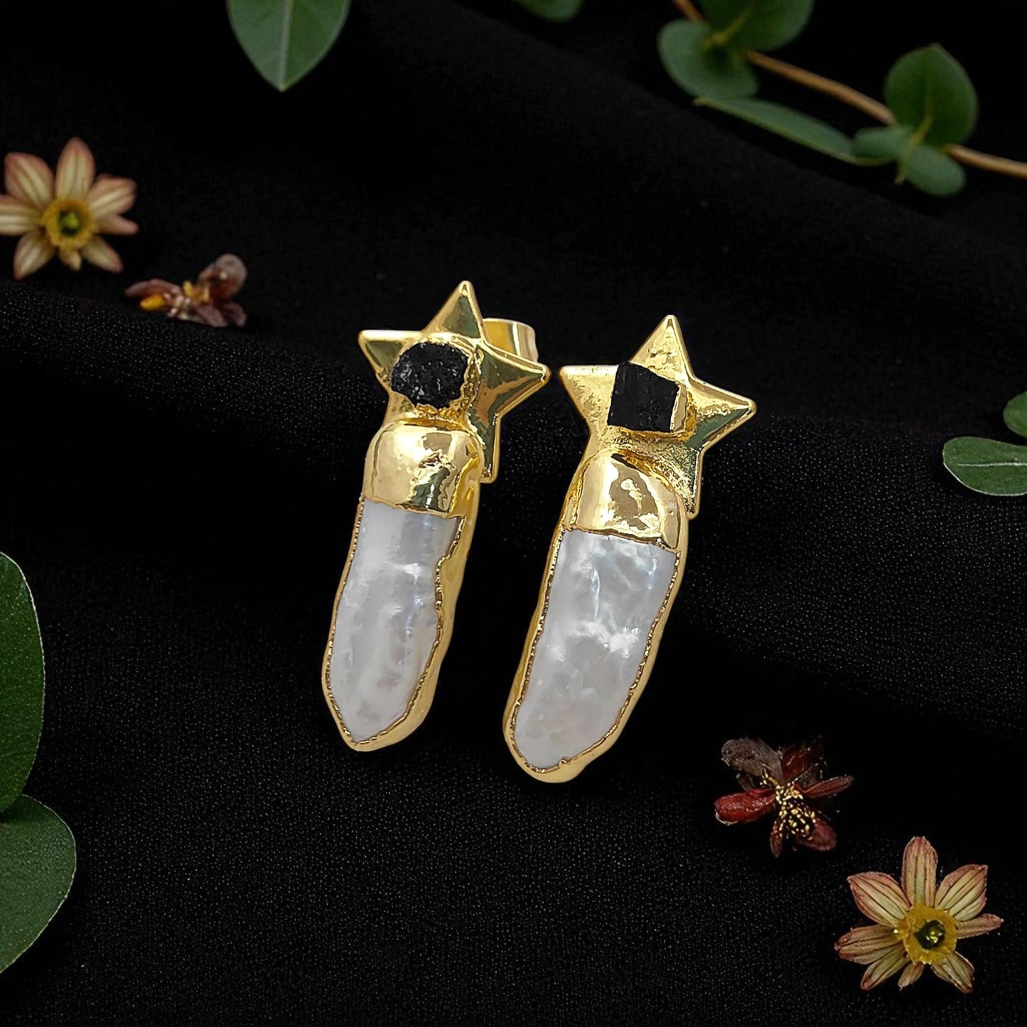 Handmade Black Tourmaline Star Earrings with White Freshwater Pearls Gold Plated Bridal Jewelry- Selling Per Pair