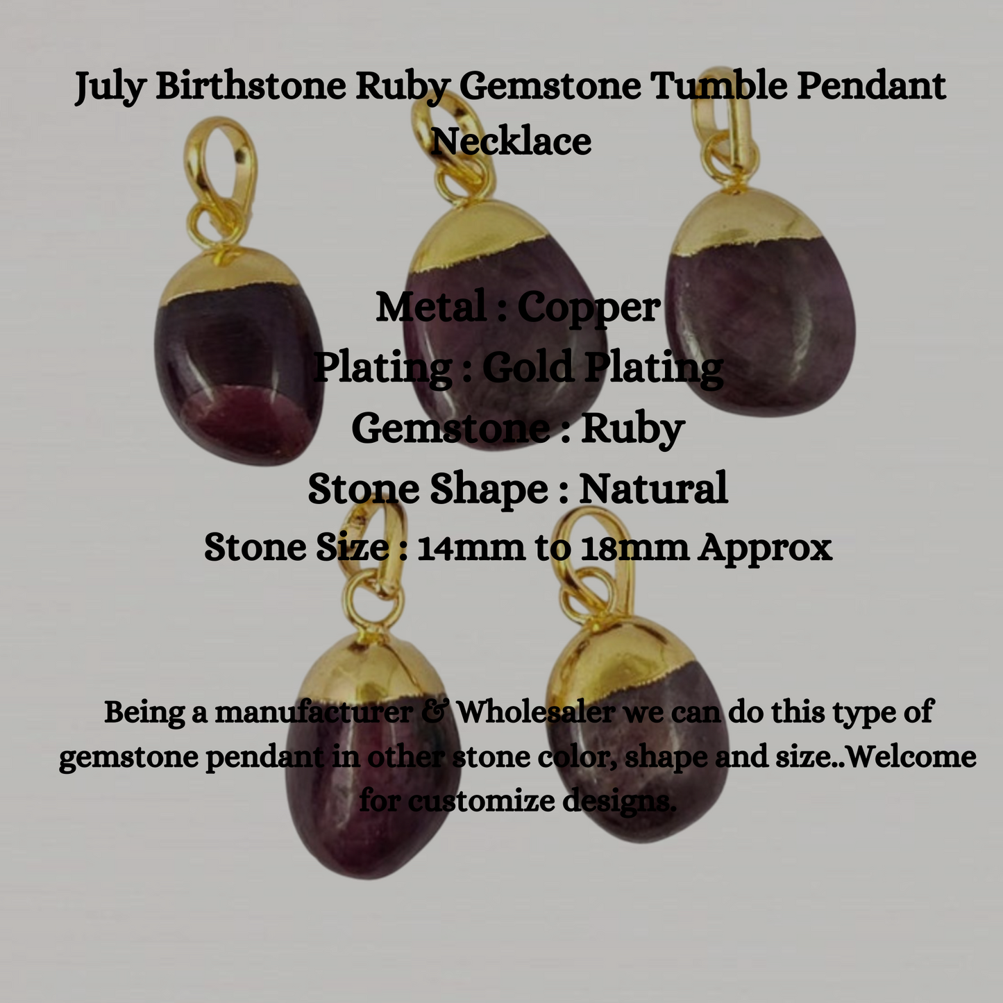 Elegant Gold Electroplated Jewelry For Women July Birthstone Ruby Gemstone Tumble Pendant- Selling Per Piece