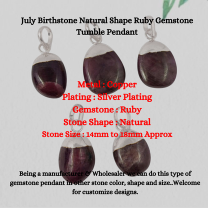 July Birthstone Natural Shape Ruby Gemstone Tumble Pendant Necklace Silver Electroplated Jewelry For Gift- Selling Per Piece