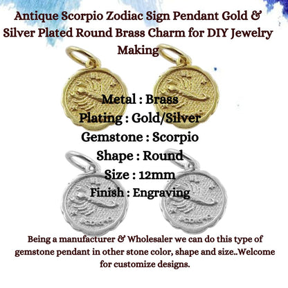 Antique Scorpio Zodiac Sign Pendant Gold & Silver Plated Round Brass Charm for DIY Jewelry Making- Selling Per Piece
