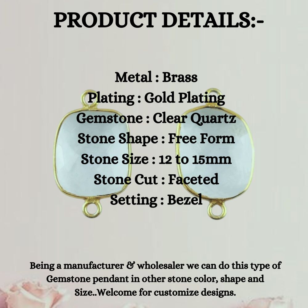 Natural Clear Quartz Free Form Connector, 12–15mm Gemstone in Gold Plated Bezel for Handmade Jewelry Making- Selling Per Piece