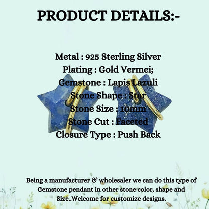 10mm Lapis Lazuli Star Stud Earrings in Gold Plated 925 Silver Handmade Gemstone Jewelry Gift for Women- Selling Per Pair