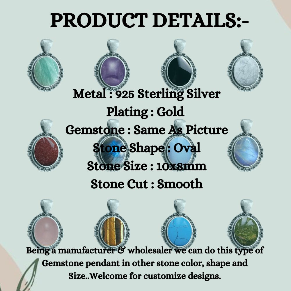 10x8mm Designer Oval Pendant 925 Sterling Silver Bezel Set Gemstone Charm for Jewelry Making