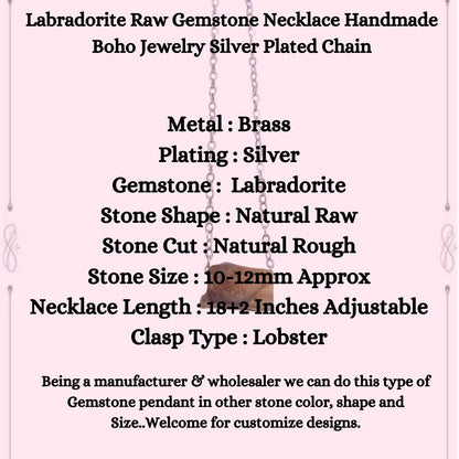 Labradorite Raw Gemstone Necklace Handmade Boho Jewelry Silver Plated Chain