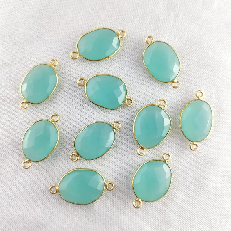 Handmade Aqua Chalcedony Gemstone Connector 12–15mm Gold Plated Free Form Links for DIY Bracelets, Necklaces & Earrings- Selling Per Piece