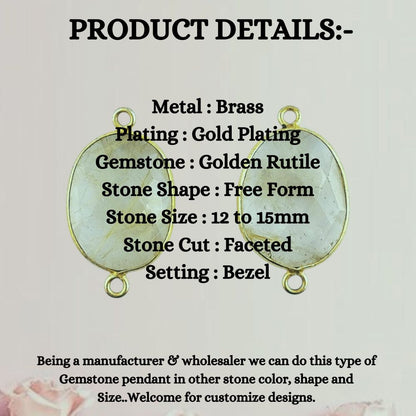 12–15mm Golden Rutile Quartz Free Form Bezel Connector, Gold Plated Natural Crystal Charm for Handmade Jewelry- Selling Per Piece