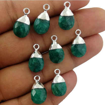 13×9mm May Birthstone Green Emerald Teardrop Pendant Silver Plated Natural Pear Shape Gemstone Charm for Handmade Jewelry– Selling Per Piece