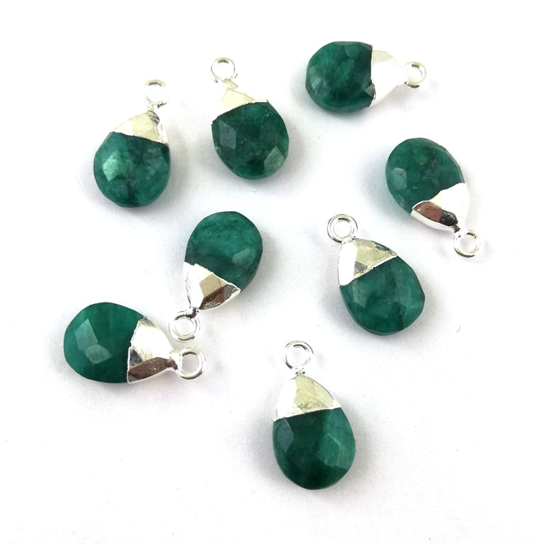 13×9mm May Birthstone Green Emerald Teardrop Pendant Silver Plated Natural Pear Shape Gemstone Charm for Handmade Jewelry– Selling Per Piece