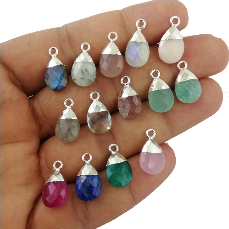 13×9mm Natural Peach Moonstone Pear Shape Teardrop Pendant, Handmade Silver Electroplated Gemstone Charm for DIY Jewelry Making – Selling Per Piece