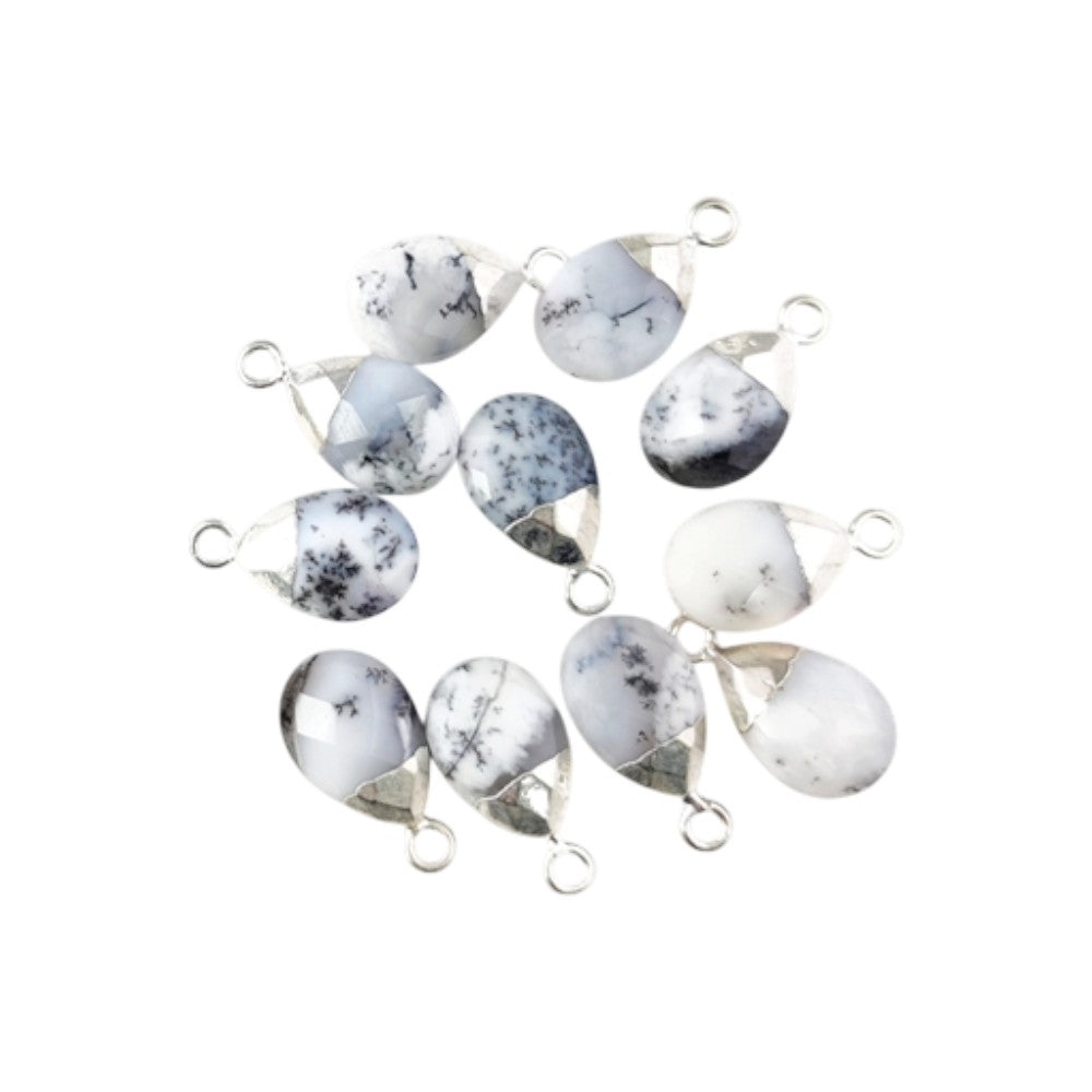 13×9mm Natural Dendrite Opal Pear Shape Teardrop Pendant Silver Electroplated Gemstone Charm for Necklace, Bracelet & Earrings– Selling Per Piece