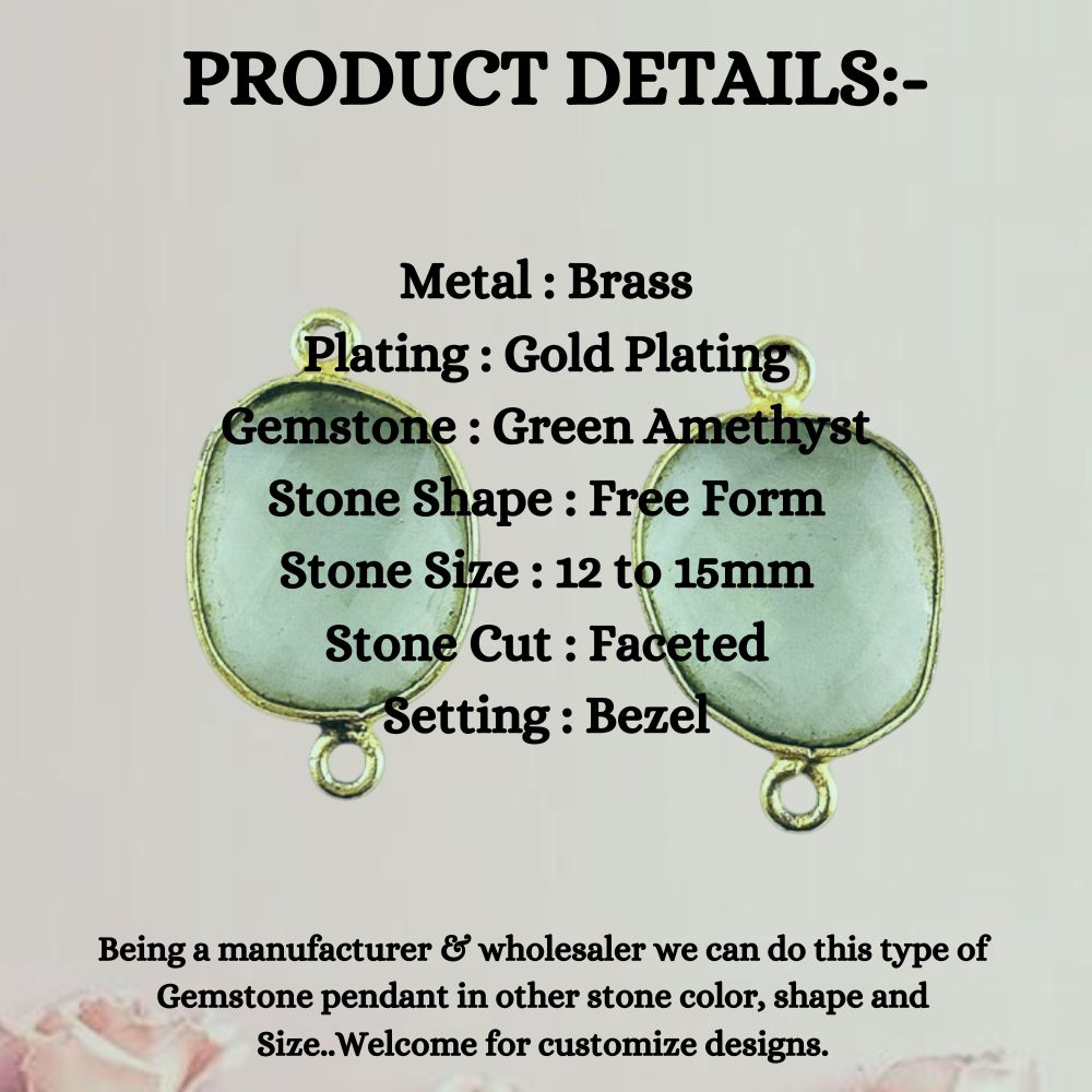 Handcrafted 12–15mm Green Amethyst Bezel Connector, Free Form Gold Plated Stone Link for DIY Jewelry Projects- Selling Per Piece