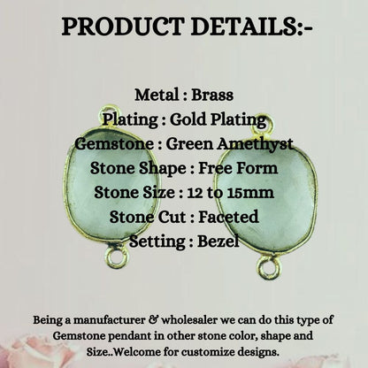 Handcrafted 12–15mm Green Amethyst Bezel Connector, Free Form Gold Plated Stone Link for DIY Jewelry Projects- Selling Per Piece