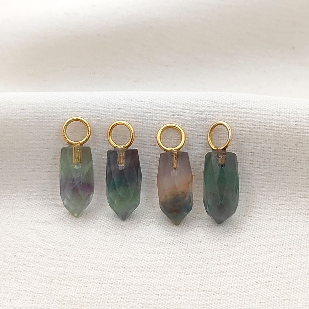 14x6mm Fluorite Gemstone Pendant Gold Plated 925 Sterling Silver Pencil Cut Multicolor Crystal Spike Charm, Elegant & Healing Jewelry- Selling Per Piece