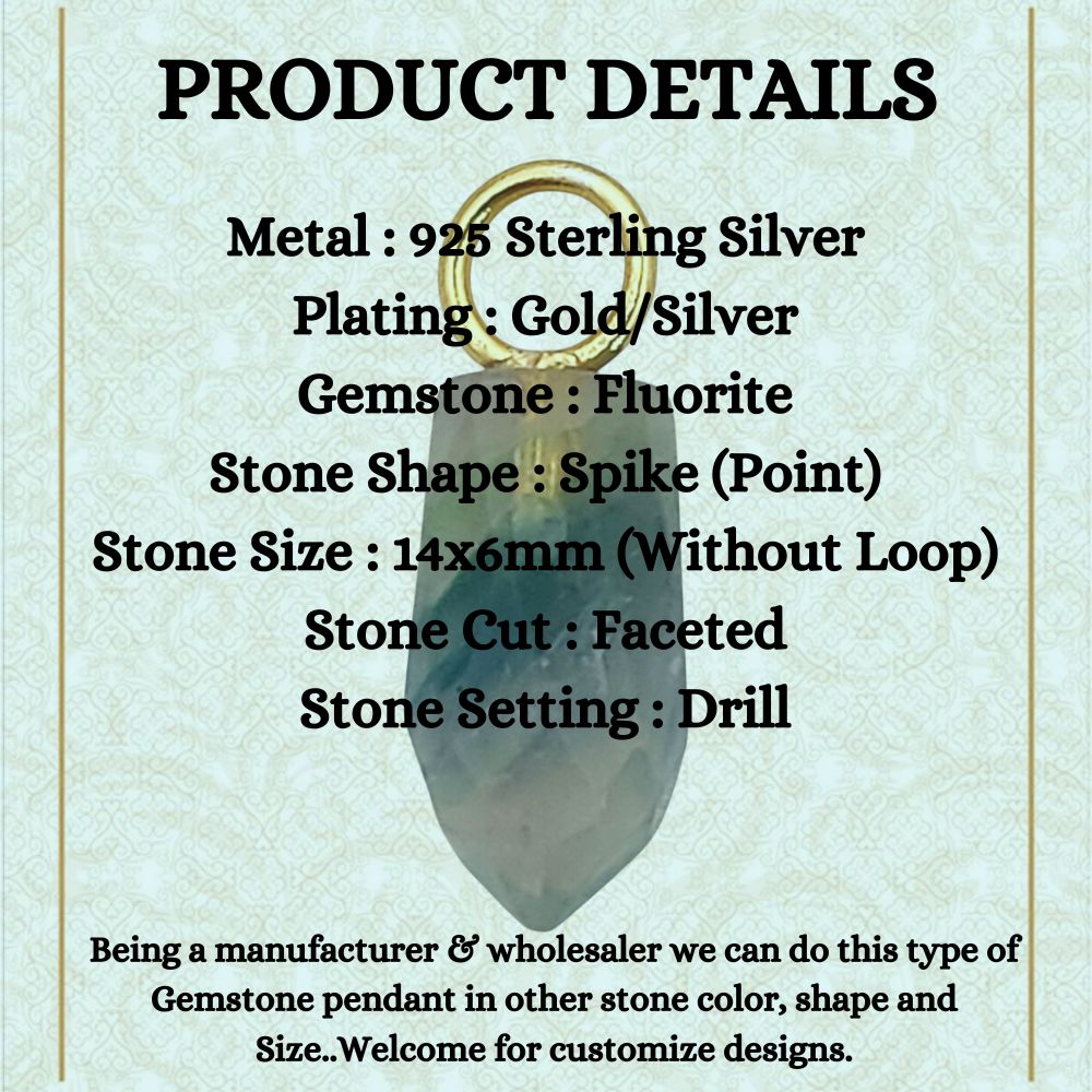 14x6mm Fluorite Gemstone Pendant Gold Plated 925 Sterling Silver Pencil Cut Multicolor Crystal Spike Charm, Elegant & Healing Jewelry- Selling Per Piece