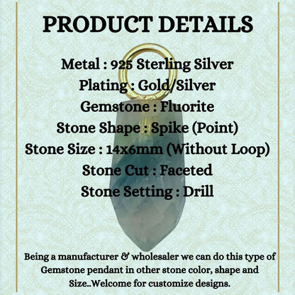 14x6mm Fluorite Gemstone Pendant Gold Plated 925 Sterling Silver Pencil Cut Multicolor Crystal Spike Charm, Elegant & Healing Jewelry- Selling Per Piece