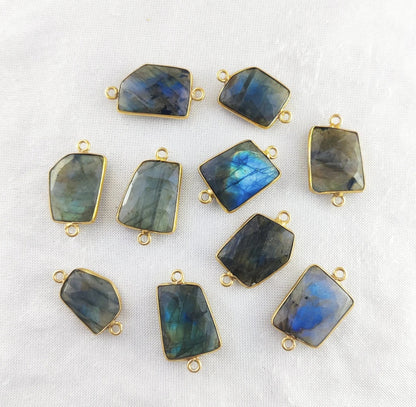 15–18mm Labradorite Connector Link Natural Free Form Gemstone Bezel Charm Gold Plated for DIY Jewelry- Selling Per Piece