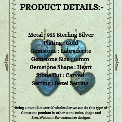 15mm LabradoriHeart Pendant Handmade Gold Plated Sterling Silver Healing Gemstone Necklace Charms for Women- Selling Per Piece
