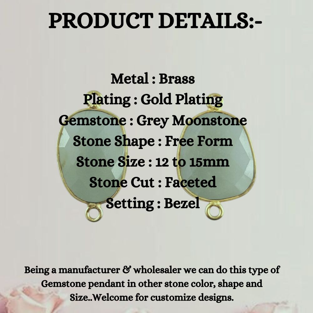 Natural Grey Moonstone Connector 12–15mm Free Form Stone Gold Bezel Jewelry Component for Handmade Designs- Selling Per Piece