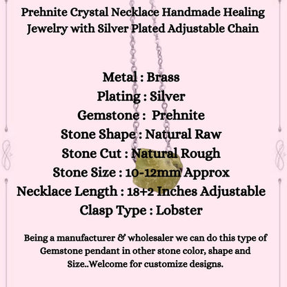 Prehnite Crystal Necklace Handmade Healing Jewelry with Silver Plated Adjustable Chain