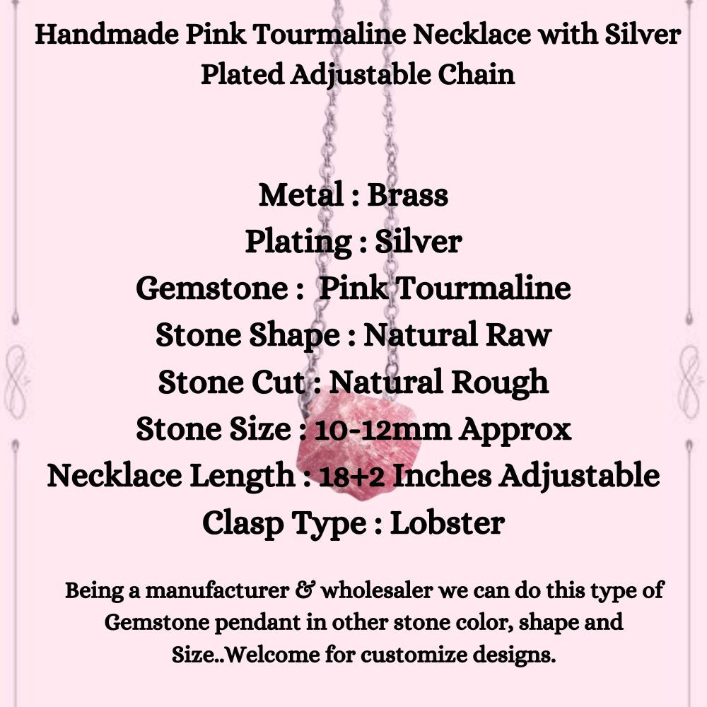 Handmade Pink Tourmaline Necklace with Silver Plated Adjustable Chain