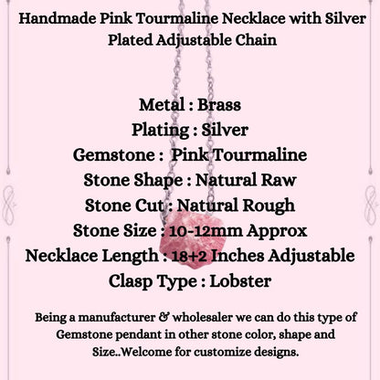 Handmade Pink Tourmaline Necklace with Silver Plated Adjustable Chain