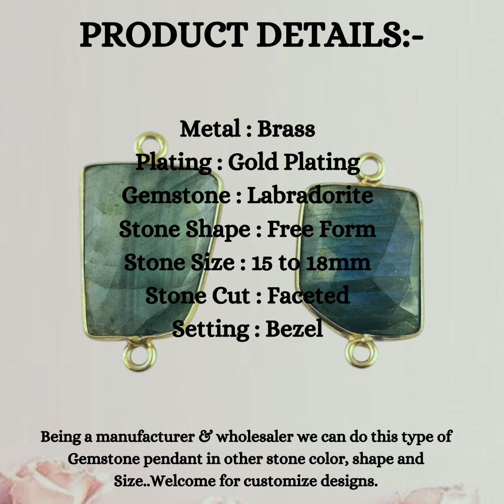 15–18mm Labradorite Connector Link Natural Free Form Gemstone Bezel Charm Gold Plated for DIY Jewelry- Selling Per Piece