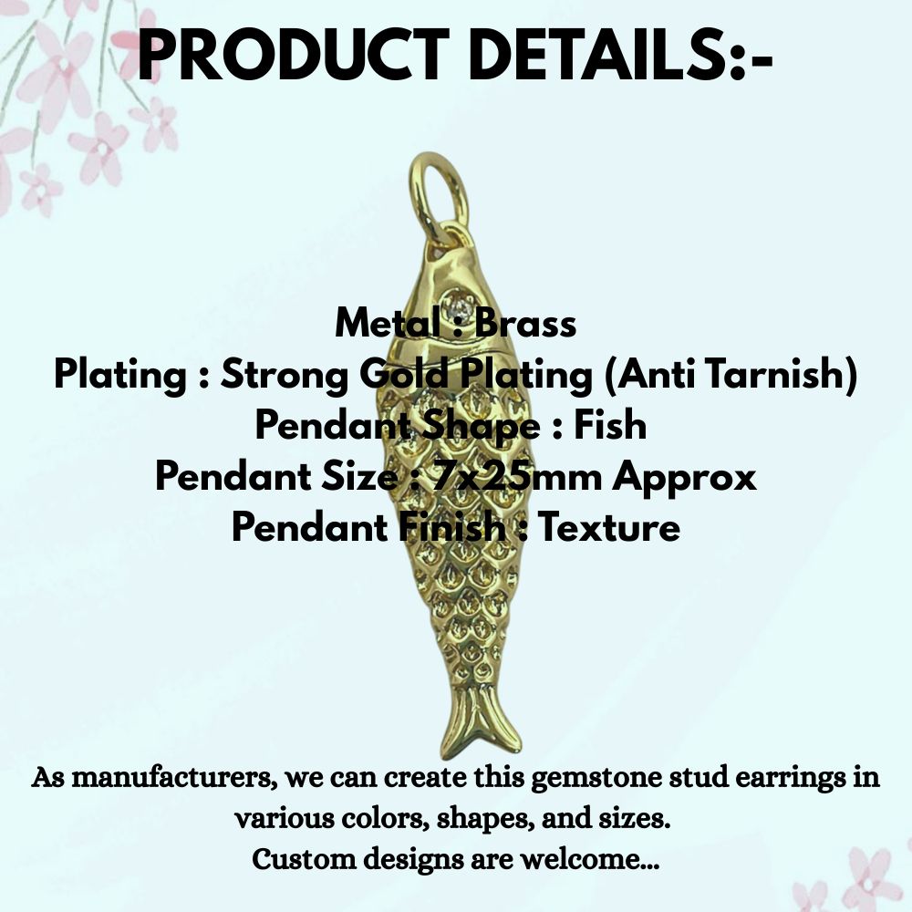 18K Gold Cubic Zirconia Fish Charm, Ocean Inspired Nautical Pendant for Bracelet, Necklace & Jewelry Making Supplies
