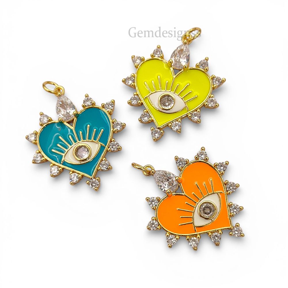 Handmade 18K Gold Filled Neon Heart Evil Eye Pendant Colorful CZ & Enamel Charm for Jewelry Making & Creative Crafts- Selling Per Piece