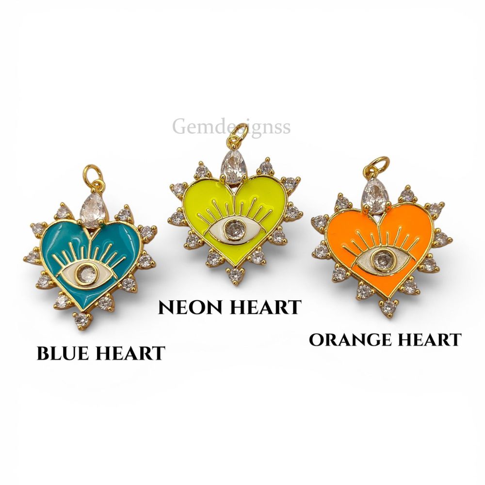 18K Gold Filled Micropave CZ Orange Heart Evil Eye Charm Enamel DIY Pendant for Necklaces, Bracelets & Craft Projects- Selling Per Piece