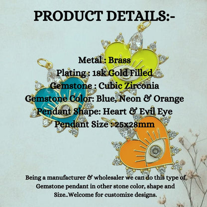 Colorful Micropave CZ Heart Evil Eye Charm for Necklace & Bracelet