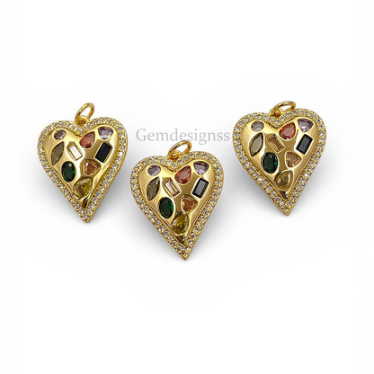 18K Gold Filled Micropave CZ Heart Pendant Multicolor Sparkling Love Charm for Handmade Jewelry, Necklaces & Bracelets- Selling Per Piece