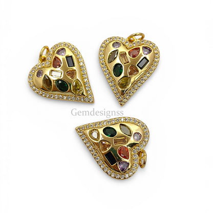 18K Gold Filled Micropave CZ Heart Pendant Multicolor Sparkling Love Charm for Handmade Jewelry, Necklaces & Bracelets- Selling Per Piece