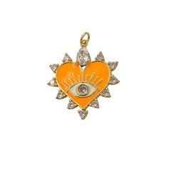 18K Gold Filled Micropave CZ Orange Heart Evil Eye Charm Enamel DIY Pendant for Necklaces, Bracelets & Craft Projects- Selling Per Piece