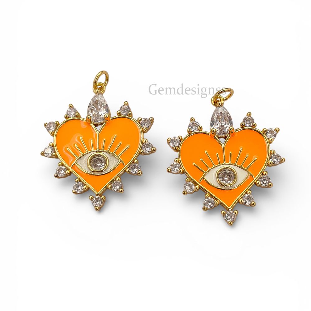 DIY necklace and bracelet charm, orange heart evil eye pendant