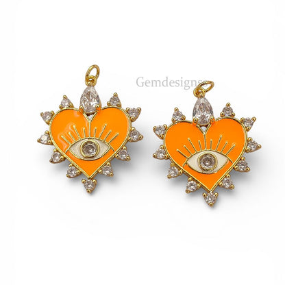 DIY necklace and bracelet charm, orange heart evil eye pendant