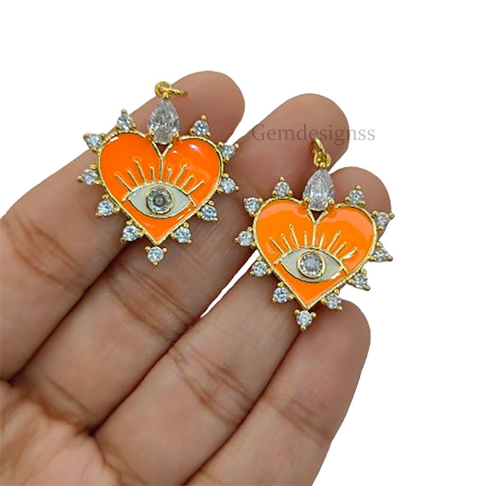 Protective orange heart evil eye charm for jewelry making and crafts