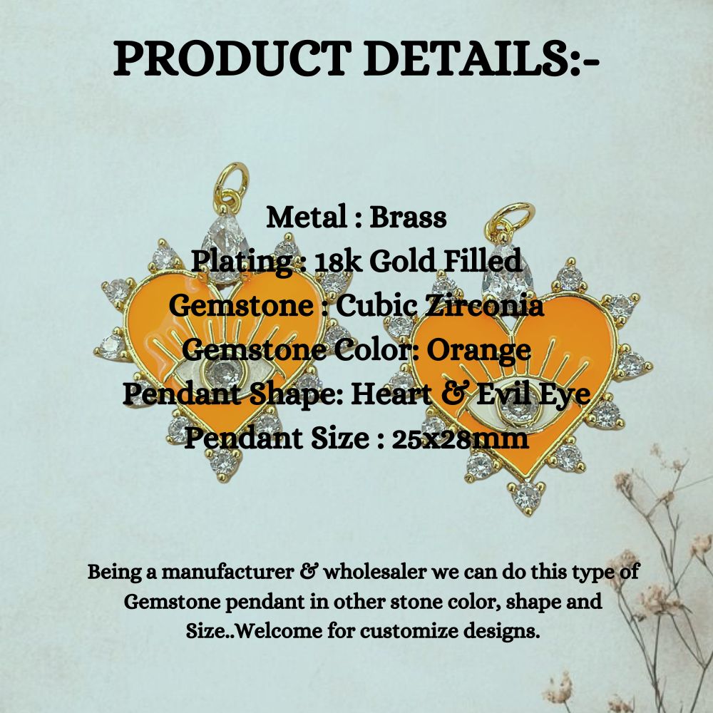 Orange enamel heart evil eye pendant with micropave CZ for DIY jewelry