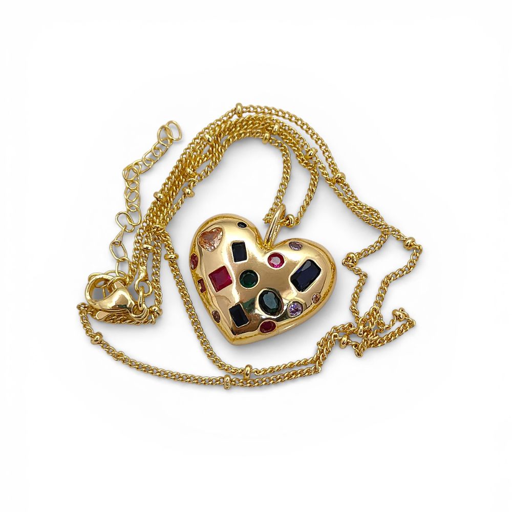 18K Gold Filled Puffy Heart Pendant Necklace for Women, Multicolor Inlay Micropavé Cubic Zirconia Charm, Sparkling Love Jewelry Gift- Selling Per Piece