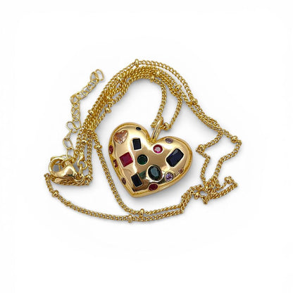 18K Gold Filled Puffy Heart Pendant Necklace for Women, Multicolor Inlay Micropavé Cubic Zirconia Charm, Sparkling Love Jewelry Gift- Selling Per Piece