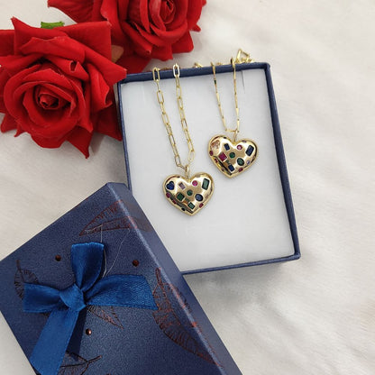 18K Gold Filled Puffy Heart Pendant Necklace for Women, Multicolor Inlay Micropavé Cubic Zirconia Charm, Sparkling Love Jewelry Gift- Selling Per Piece
