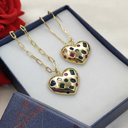 18K Gold Filled Puffy Heart Pendant Necklace for Women, Multicolor Inlay Micropavé Cubic Zirconia Charm, Sparkling Love Jewelry Gift- Selling Per Piece