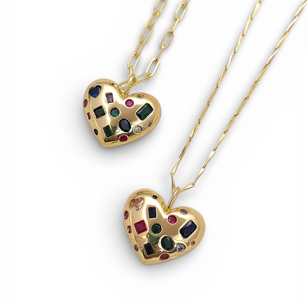 18K Gold Filled Puffy Heart Pendant Necklace for Women, Multicolor Inlay Micropavé Cubic Zirconia Charm, Sparkling Love Jewelry Gift- Selling Per Piece
